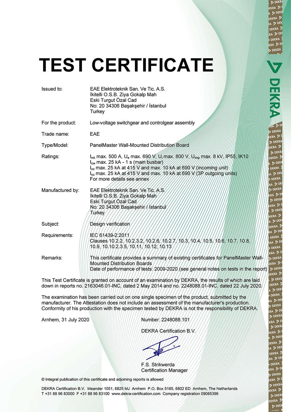 PanelMaster EE IEC 61439 1 2 Type Test Certificate
