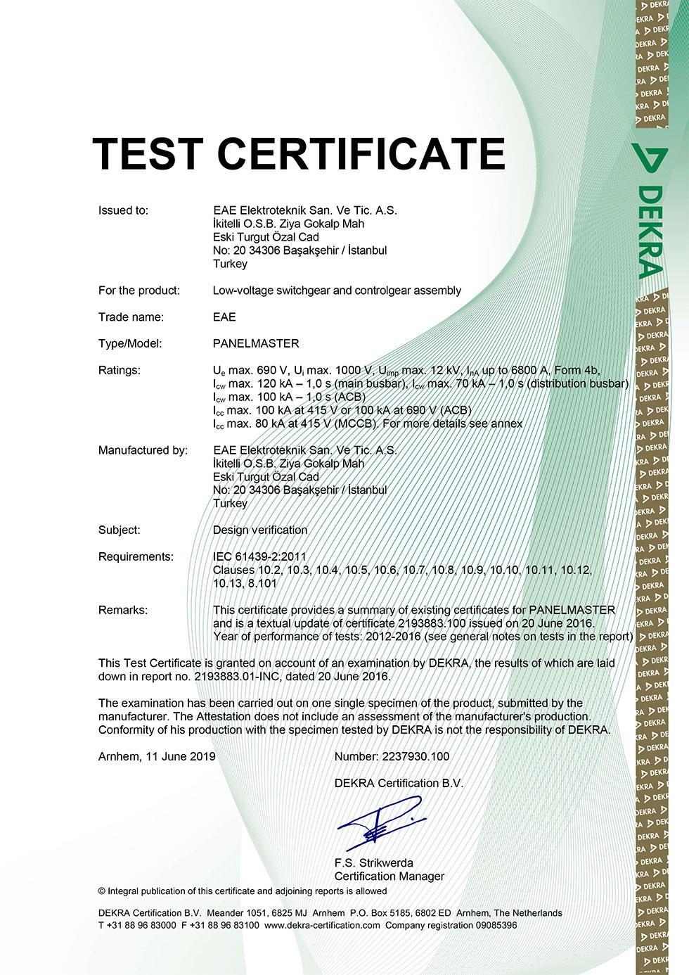 PanelMaster IEC 61439 1-2 Combined Certificate