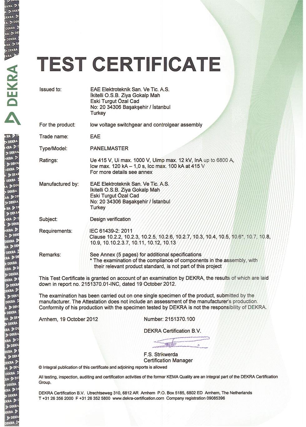 PanelMaster IEC 61439 Type Test Certificate (ABB Schneider Legrand)