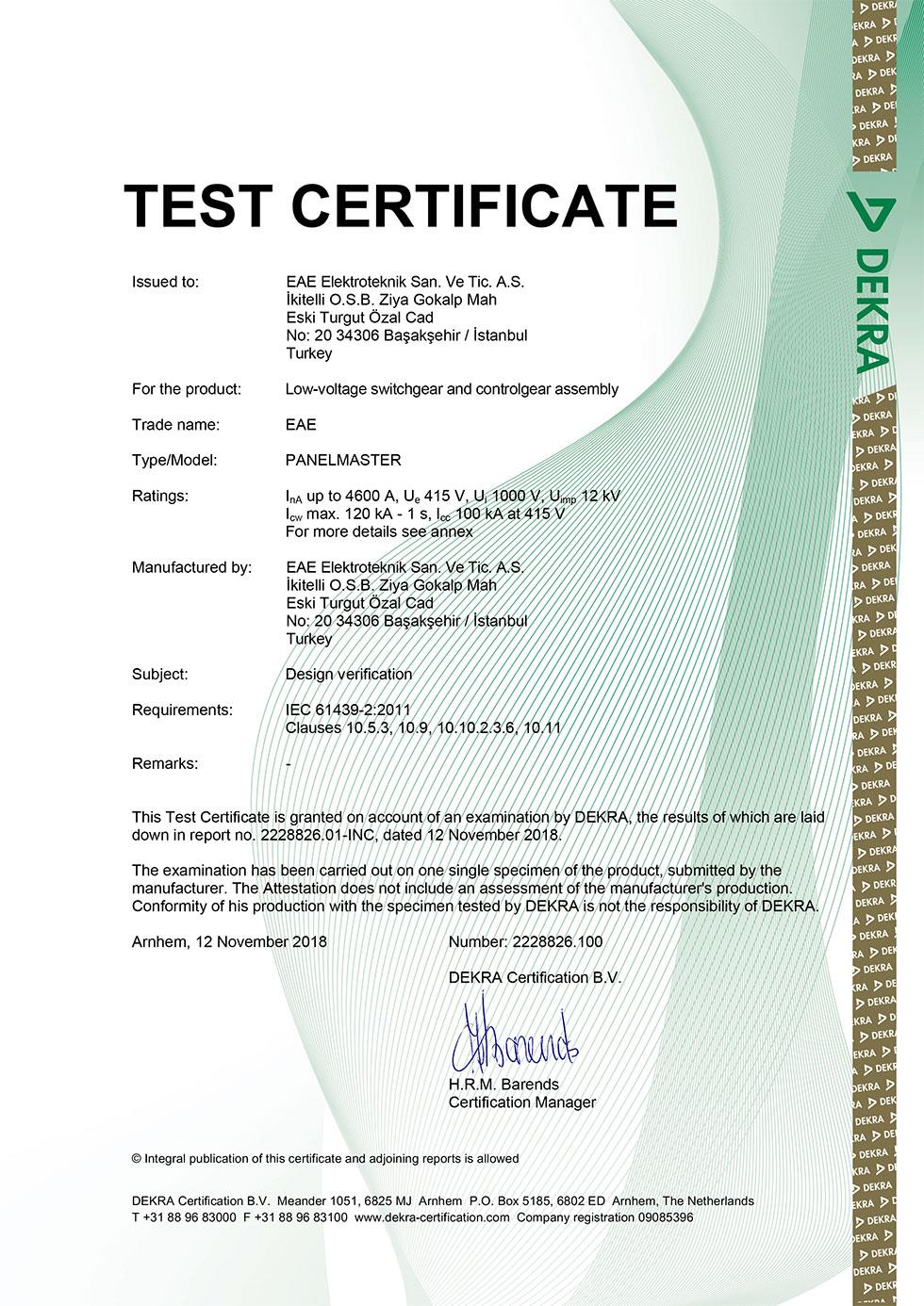 PanelMaster IEC 61439 Type Test Certificate (Mitsubishi - ACB)