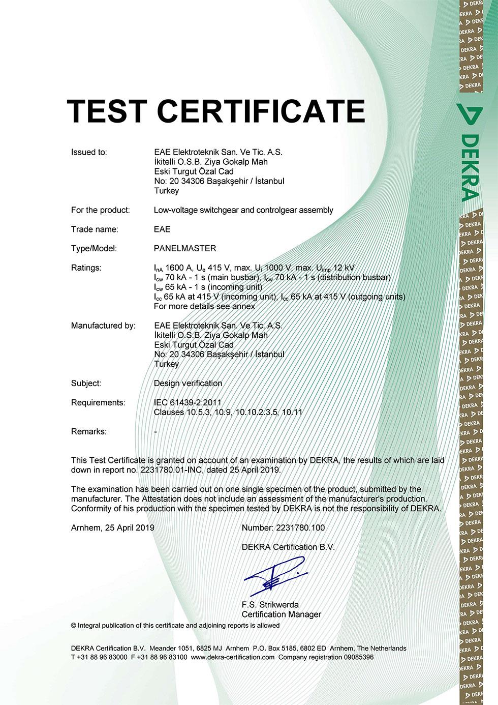 PanelMaster IEC 61439 Type Test Certificate (Mitsubishi - MCCB)