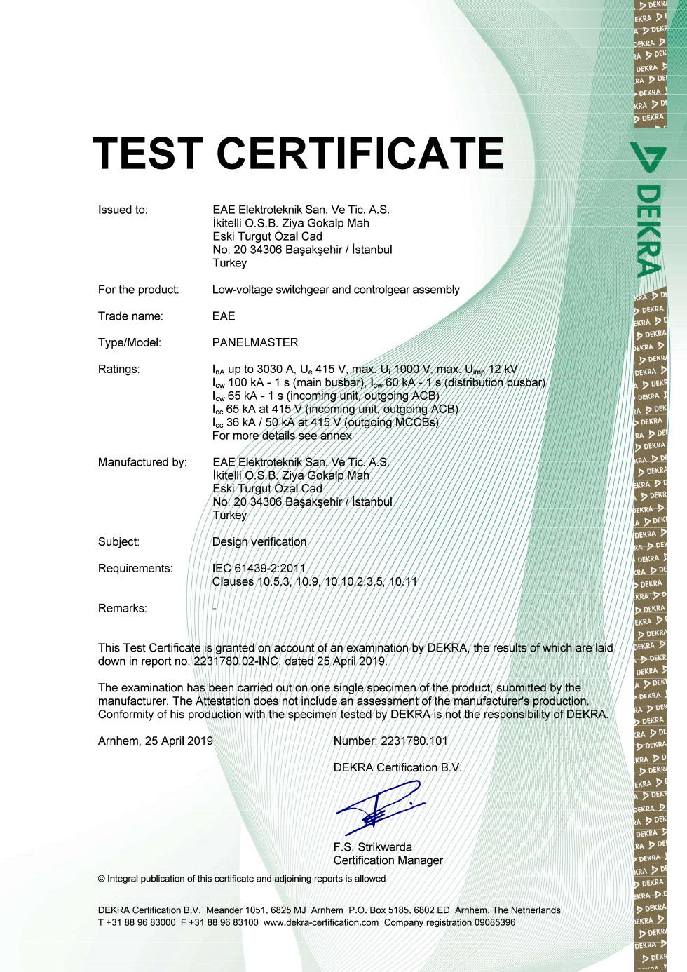 PanelMaster IEC 61439 Type Test Certificate (Schneider - MVS - CVS)