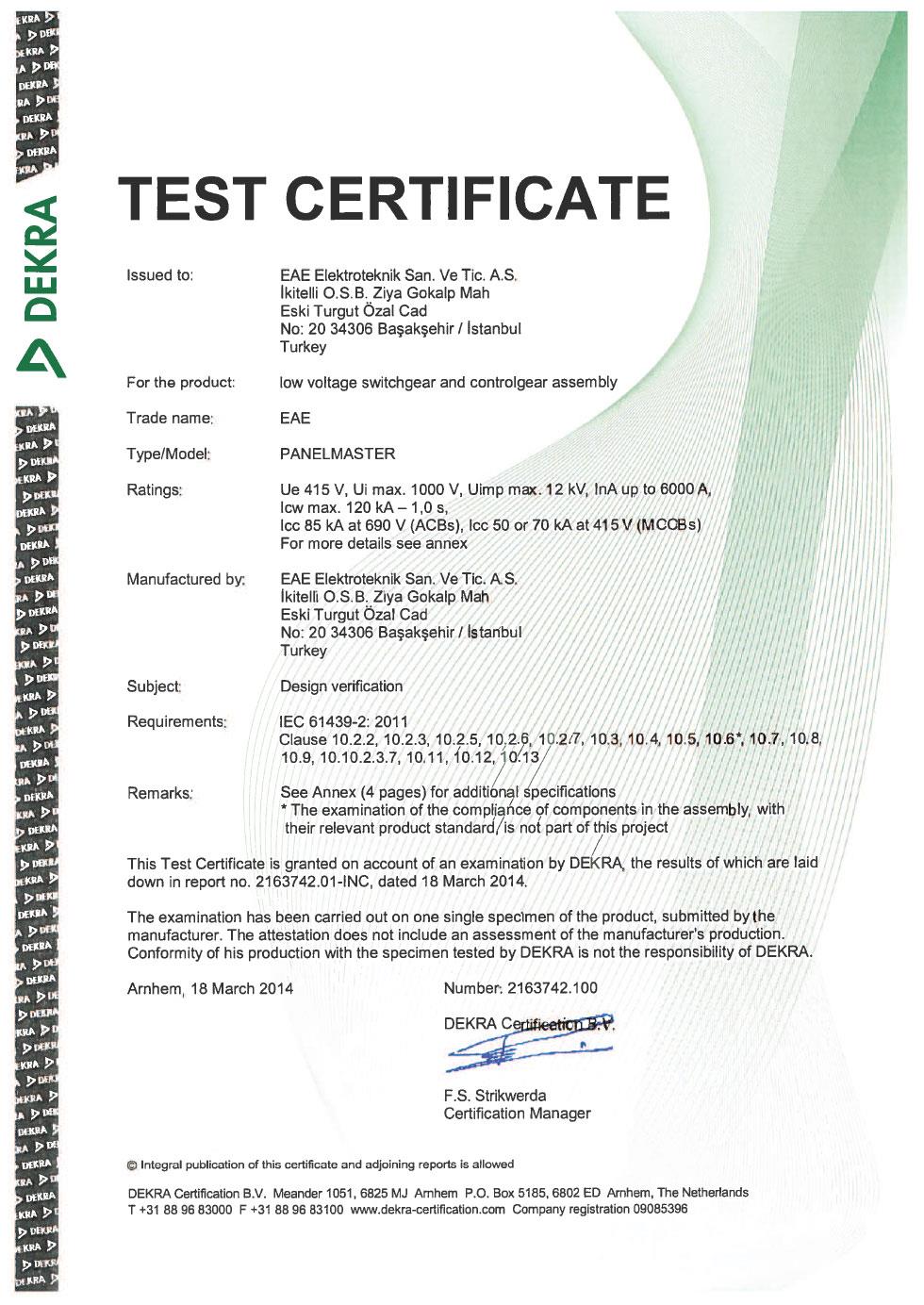 PanelMaster IEC 61439 Type Test Certificate (Siemens - Chint)