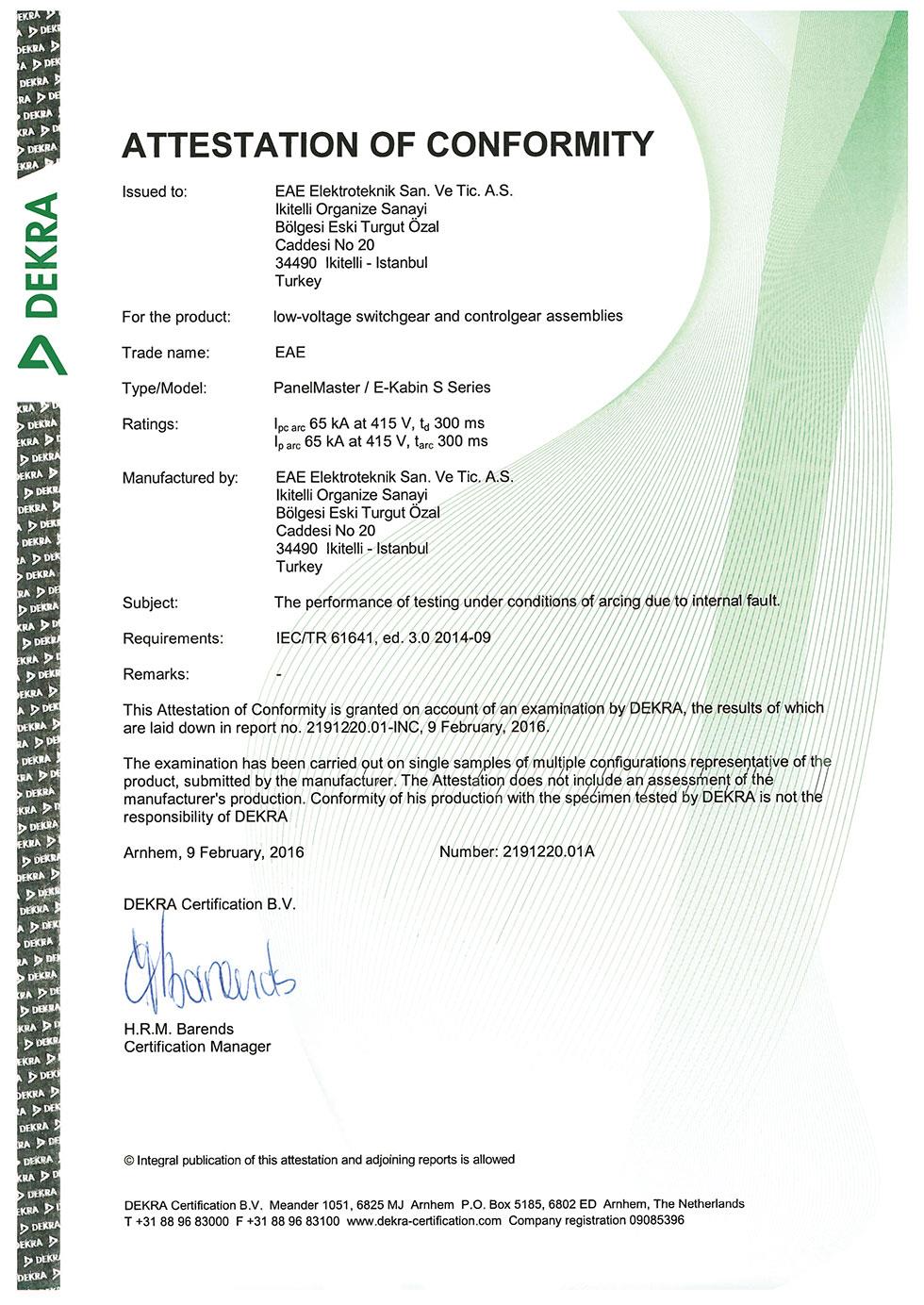 PanelMaster Internal Arc Certificate